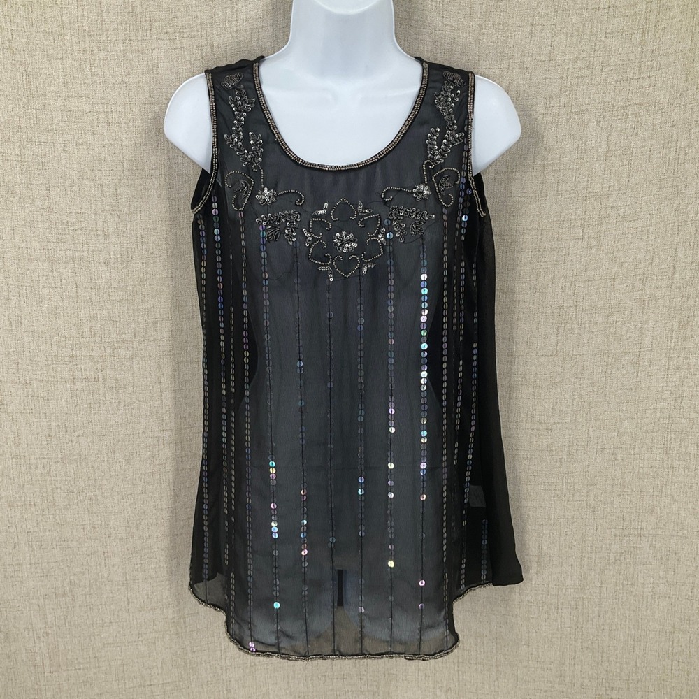 Sincerely Mary Tank Top Women Small Black Beaded Sequin Boho Festival Glam NEW